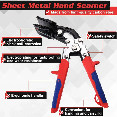 Sheet Metal Hand Seamer 3 Inch Bend Tip Tool For Flattening And Bending Metal with red ergonomic handles and anti-corrosion finish.