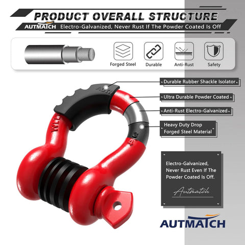Heavy Duty Three Quarters Inch D Ring Shackle Set, 2 Pack, 41,887 Lbs Break Strength, Seven Eighths Inch Screw Pin, red.