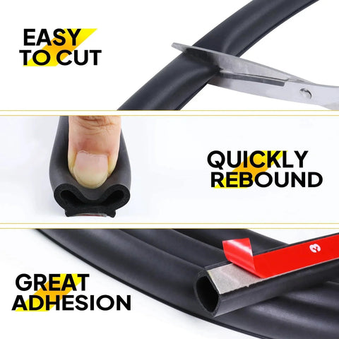 Heavy Duty D Shape Weather Stripping Three Quarter Inch By Three Quarter Inch Eight Foot Self Adhesive EPDM Rubber Seal For Car Doors And Windows Truck And RV Soundproof Wind Dust Water Weather Gasket with easy cut, quick rebound, and great adhesion features visible.