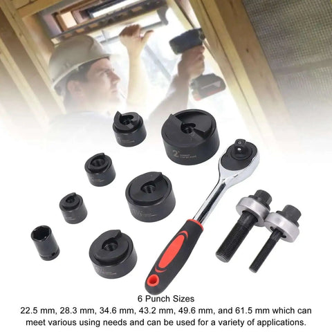 Ratchet Hole Punch Kit For Cutting Clean Burr Free Holes From Half Inch To Two Inch In Metal Plastic And Aluminum displayed with parts.