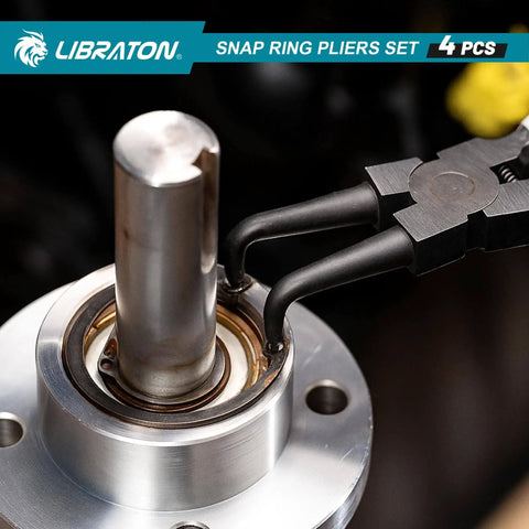 Pro Grade 7 Inch Snap Ring Pliers Set For Internal And External Circlips being used on a metal component