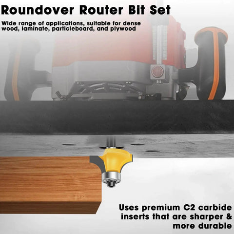 Roundover router bit set in action with industrial grade C2 carbide bit creating smooth edge on wood, demonstrating use.