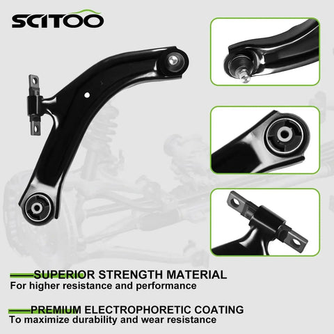 SCITOO front lower control arm with ball joint in black finish; part of an 8-piece Nissan Sentra suspension kit (2007–2012).