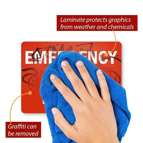 Cleaning graffiti from an Emergency Stop Button Label With Reflective Laminated Vinyl, 7 By 5 Inches, durable outdoor signage