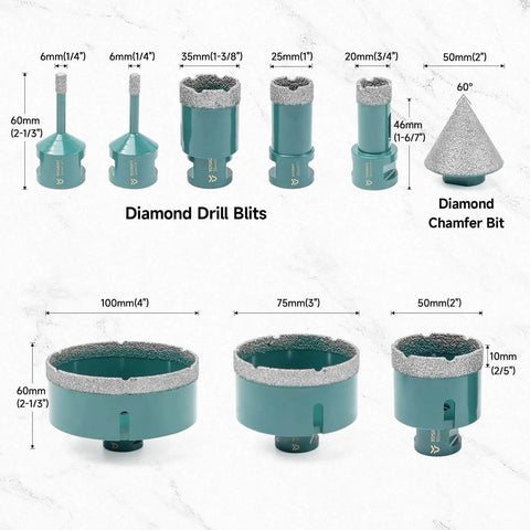 Diamond Core Drill Bit Set With 8 Hole Saws From 6mm To 100mm And 50mm Chamfer Bit In Deep Green Kit displayed with dimensions