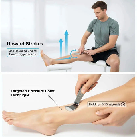 Man using Stainless Steel Gua Sha Muscle Scraper Tool For Deep Tissue Release And Fascia Work on leg, focused on pressure point technique.