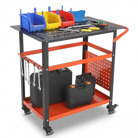 36 Inch By 24 Inch Heavy Duty Steel Welding Table Workbench With 600 Lb Capacity Portable Shop Bench On Wheels 161 Fixture Holes And 11 Hooks Double Shelf For Garage Workshop And Fabrication showing organized tools and cases
