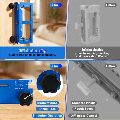 Aluminum Alloy Door Hinge Jig Adjustable Router Template Kit With File Fits Two Point Five Inch Hinges Radius And Square Corner Hinges Compatible With Quarter Inch And Five Eighth Inch Radius And Square Corner Blue, showing aluminum kit and plastic comparison.