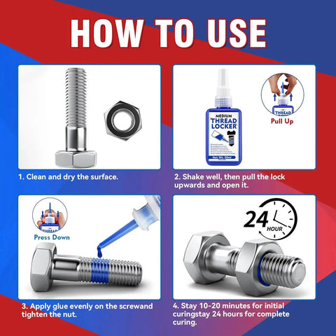 How-to-use guide for Blue Thread Locker 50ml Medium Strength Waterproof Threadlocker For Nuts Bolts And Fasteners That Keeps Screws Tight And Resists Loosening And Corrosion Even On Extreme Vibration Removable Releasable By Lubynia, showing application steps on bolts and nuts.