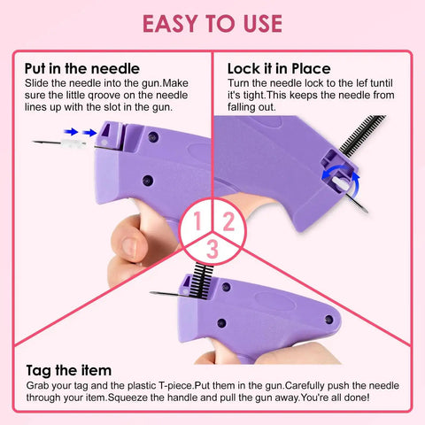 Quick Fix Gun For Clothes And Tagging Tool For Retail Repairs with 5mm Fine Needle, demonstration of needle insertion and usage.