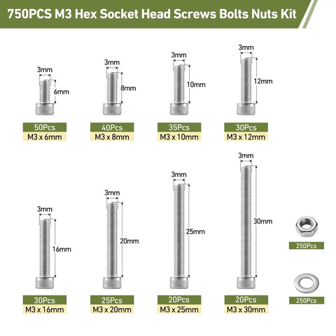 Ultimate M3 Screws And Nuts Kit For 3D Printing 750 Piece Set In 304 Stainless Steel with screws, nuts, washers displayed.