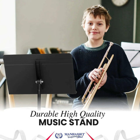 Young musician with trumpet next to Durable Sheet Music Stand For Musicians Pro Grade 48 Symphony Model Adjustable Height 26-48 Inches.
