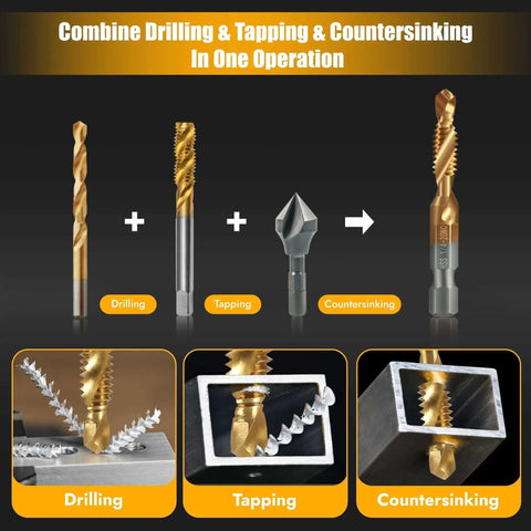 All In One Drill And Tap Set Six Pack With High Efficiency HSS Titanium Drill Bits And Thread Taps showing functions of drilling, tapping, countersinking.