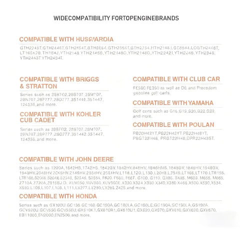 Image showing wide compatibility list for Pulse Fuel Pump with various engine brands including Husqvarna, Honda, John Deere.