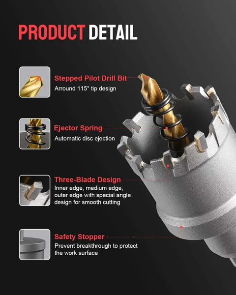 Close-up view of Pro Grade Heavy Duty TCT Hole Saw Kit with tungsten carbide tipped cutters, showing features like pilot bit design.