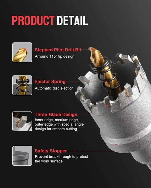 Detailed view of 12 Piece Tungsten Carbide Tipped Hole Saw Kit For Hard Metals 5/8 To 2-1/8 Inches 2/5 Inch Shank features