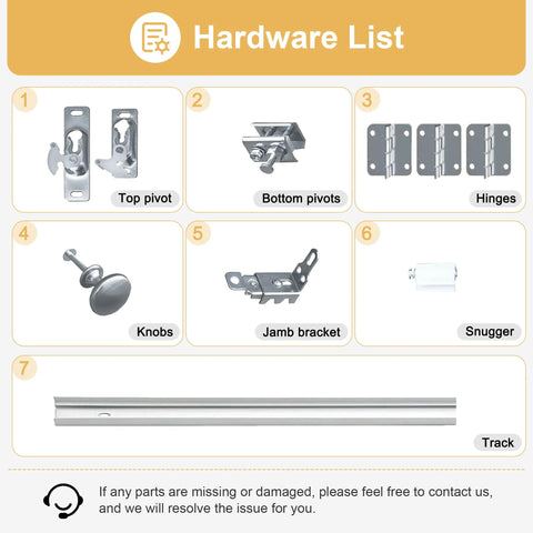 Hardware kit components for Ready To Install Bifold Closet Door Set For 64x80 Openings With 3 Lite Tempered Frosted Glass Panels