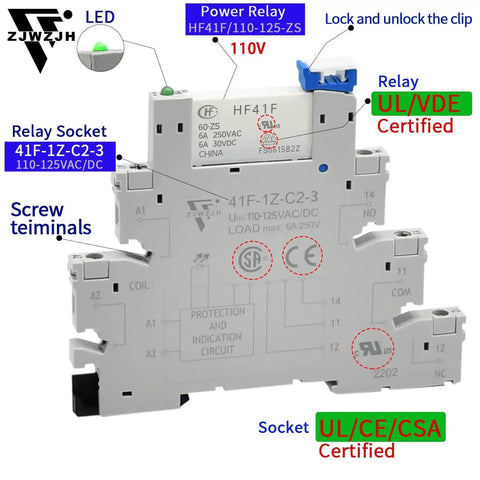 Ultra Compact 110V AC DC Power Relay With LED Indicator No Fuss Easy Install SPDT 1NO 1NC 6 Amp Socket Base And DIN Rail Mount showing UL certification details