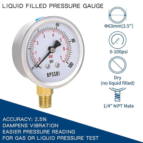 BPSSDI 2.5 inch front view pressure gauge, 0-100 psi, bar scale, stainless steel case, 1/4 inch NPT male