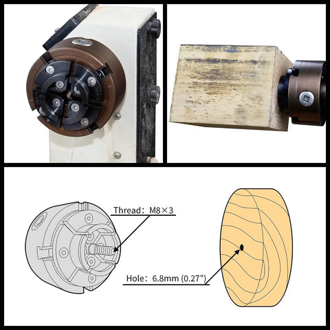 Diagram and usage of Four Inch Wood Lathe Chuck Set With 1 Inch By 8 TPI Thread And Three Quarter Inch By 16 TPI Adapter Built Tough Self Centering Four Jaw Wood Turning Chuck Heavy Duty Rust Resistant CNC Processed For Stable Holding And Easy Gripping.