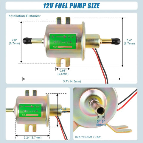 12V Inline Fuel Pump Go-To Low Pressure 3 To 6 PSI Delivers 30 GPH Universal Electric Fuel Pump, front, side, and detail views