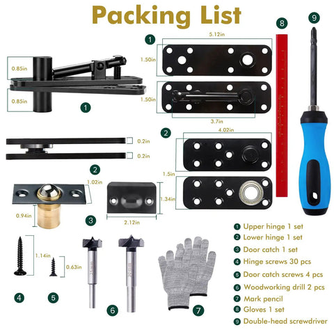 Hidden Door Hinge Heavy Duty Pivot Hinge 360 Degree Rotation For Secret Doors Bookcases Murphy And Shelf Doors Includes Hardware Kit Black Finish 573 Pound Load Bearing with components displayed.
