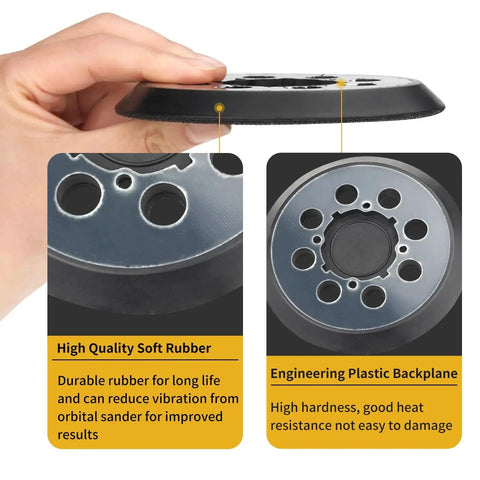 Close-up of a 5 Inch 8 Hole Hook And Loop Sander Pad Replacement For Orbital Sanders showing rubber and plastic components.