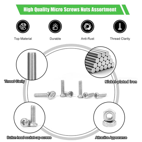 M1.6 Micro Screws And Nuts Kit With 600 Pieces In 3mm, 4mm, 6mm, 8mm, 10mm Lengths showcasing screw features and materials