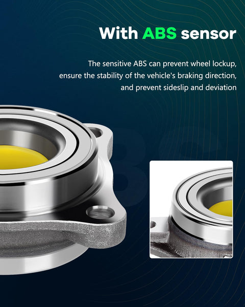Close-up of ABS sensor on Front Wheel Hub Bearing Assembly Left And Right Front For Toyota 4Runner Tacoma FJ Cruiser And Lexus GX460 GX470 Plug And Play Fits 2003 Through 2021 515040 WB515040 WA515040.