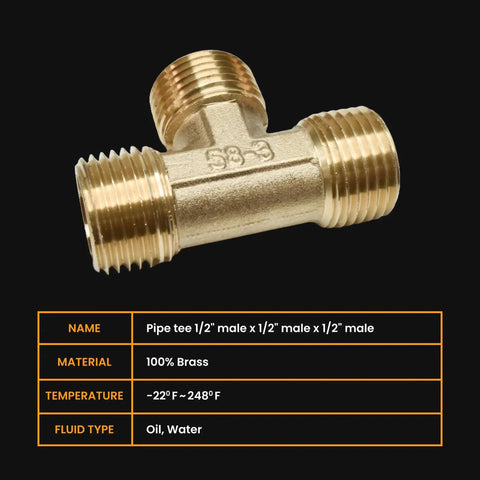 Brass Tee Pipe Fitting Equal Tee 1/2 Inch Male To 1/2 Inch Male To 1/2 Inch Male Plumbing Connector, 3-Way, corrosion resistant