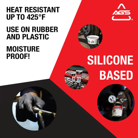 AGS SIL-Glyde silicone-based brake lubricant tube; heat resistant to 425°F; rubber and plastic use, red/black packaging
