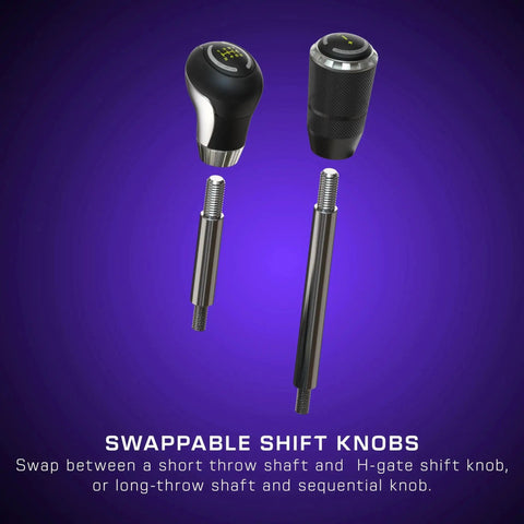Swappable shift knobs with short- and long-throw shafts for a sim-racing shifter; black knobs and silver shafts