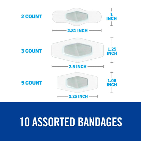 Advanced Healing Waterproof Bandages Assorted Sizes 10 Count showing different sizes 2.81, 2.5, 2.25 inches for cuts scrapes blisters