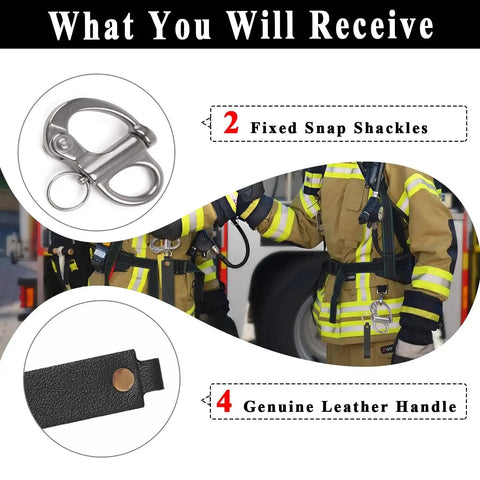 Front view: two quick-release clip shackles, stainless steel with leather handle for SCBA mask attachment