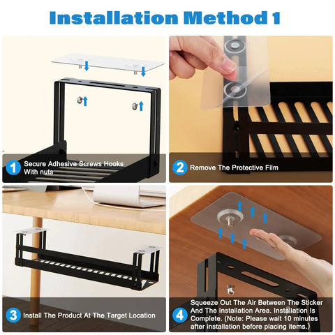 Installation steps for Under Desk Cable Management Tray 17 Inch Metal Wire Organizer For Cords Power Strip Holder and Cable Tamer.