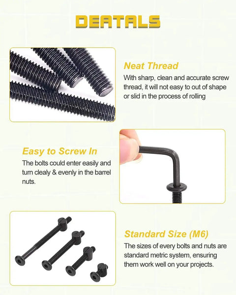 All-In-One M6 Bolts And Barrel Nuts Hardware Replacement Kit showing close-up of bolt threading and M4 wrench for easy assembly.