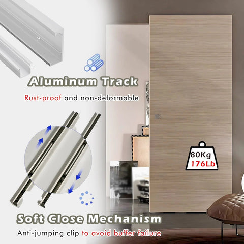 Trackless Sliding Door Hardware Kit With Soft Close And Whisper Quiet A Super Slick Space Saving Hidden Barn Door System For Wooden Doors Bypass Door Kit With Aluminum Rails And Nylon Rollers 151 cm, showing aluminum track and door installation.