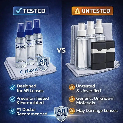 Comparison of Crizal AR Lens Cleaning Kit with 3 cloths vs generic lens cleaners; highlighting safety for coated lenses.