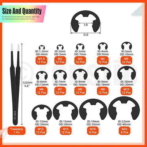 260-piece set of internal-tooth star lock washers and retaining rings with tweezers; assorted sizes for machinery.