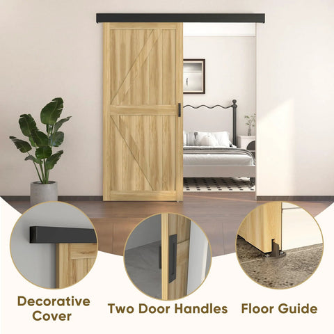 Six Foot Sliding Barn Door Hardware Track Kit With Handles In Black. Installed on wooden door with decorative cover and floor guide.