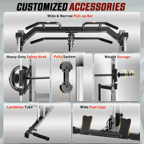 All In One Adjustable Smith Machine With Lat Pulldown System Multi Function Power Cage For Home Gym Cable Crossover Squat Rack Training Equipment With Attachments