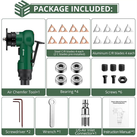 Package includes Pro Mini Pneumatic Chamfering Tool with 16 Piece C And R Angle Blades, bearings, screws, and tools for metal air chamfering.