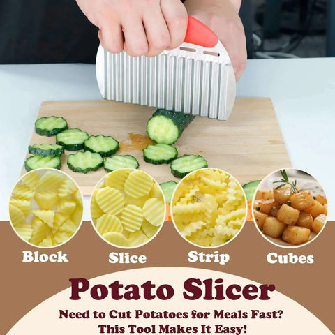 Person using a large potato crinkle cutter for potatoes and veggies stainless steel waffle fry slicer for cucumbers on a cutting board.
