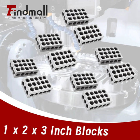 Five Matched Pairs 1 X 2 X 3 Inch Precision Steel Milling Blocks With 23 Holes For Clamping And Alignment displayed on machinery.