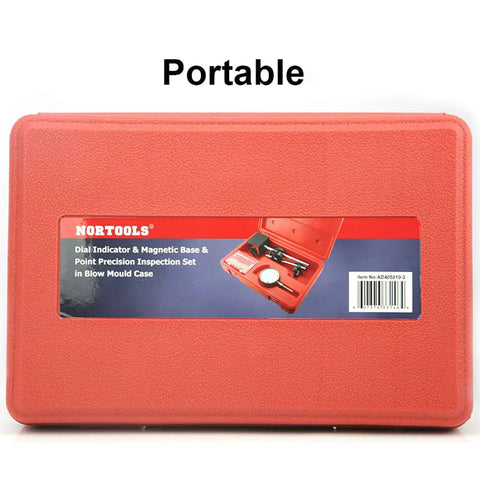 Rugged Dial Indicator With Magnetic Base And Fine Adjustment, 0 To 1.0 Inch Range, 0.001 Inch Precision Dial Test Indicator Kit For Pro Grade Industrial Work, Real Steel Housing, Heavy Duty Gauge Tool By Nortools in a red carrying case