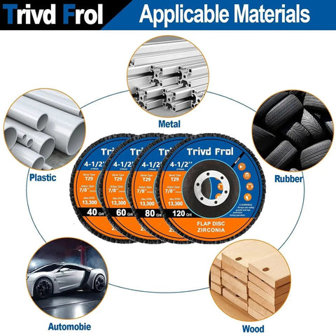 40 Pack Four Point Five Inch Flap Discs For Angle Grinder T29 Grit Set With 40 60 80 120 Grits Zirconia Grinding Discs For Metal Wood Stainless Steel Finishing By Trivd Frol Pro Grade, with images of metal, rubber, plastic, automobile, and wood applications
