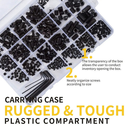 Internal Hex Drive Cup Point Screws Kit With 22 Sizes M2 To M8, 666 Pcs, transparent case, 12.9 Grade Alloy Steel, black finish