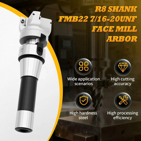 R8 Shank FMB22 7/16-20UNF Face Mill Arbor Kit with 50mm cutter and carbide inserts for milling planes and slots, high processing efficiency.
