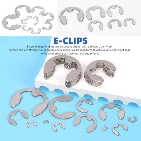 304 Stainless Steel E Clips Retaining Rings Set, 14 Sizes From 1.5mm to 15mm, Heat Treated External Retaining Clips displayed