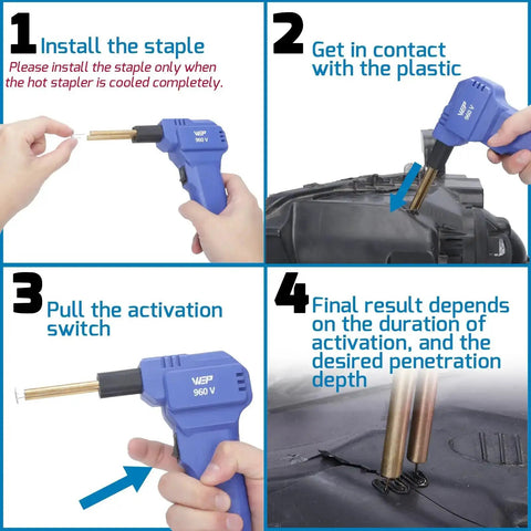 Step-by-step guide using 110V Plastic Welder Kit With LED Lights And 200 Hot Staples Pliers for car bumper repair.